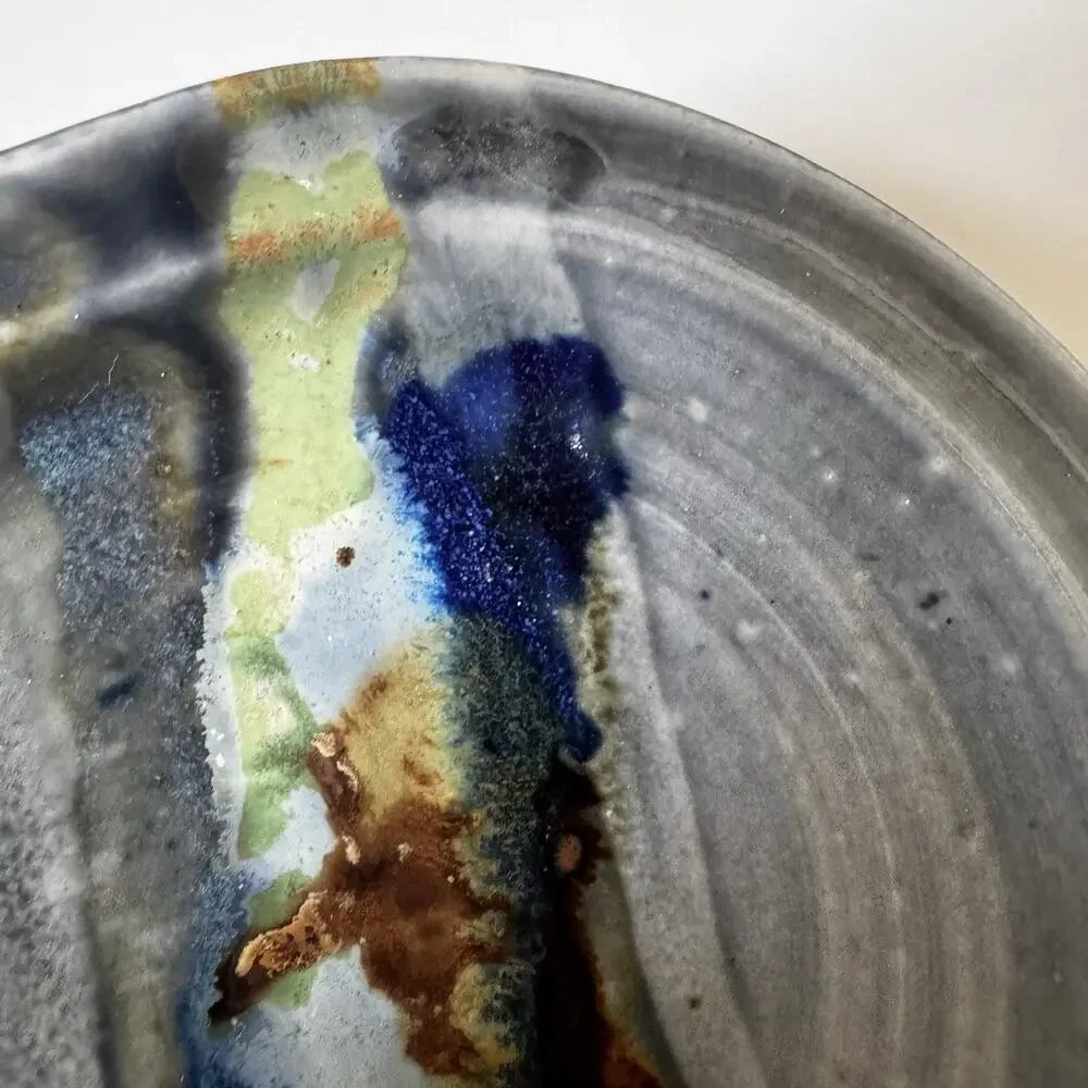 Studio Art Pottery Spoon Rest Bowl Dish Blue Gray Ocean Abstract Glazed Earthy